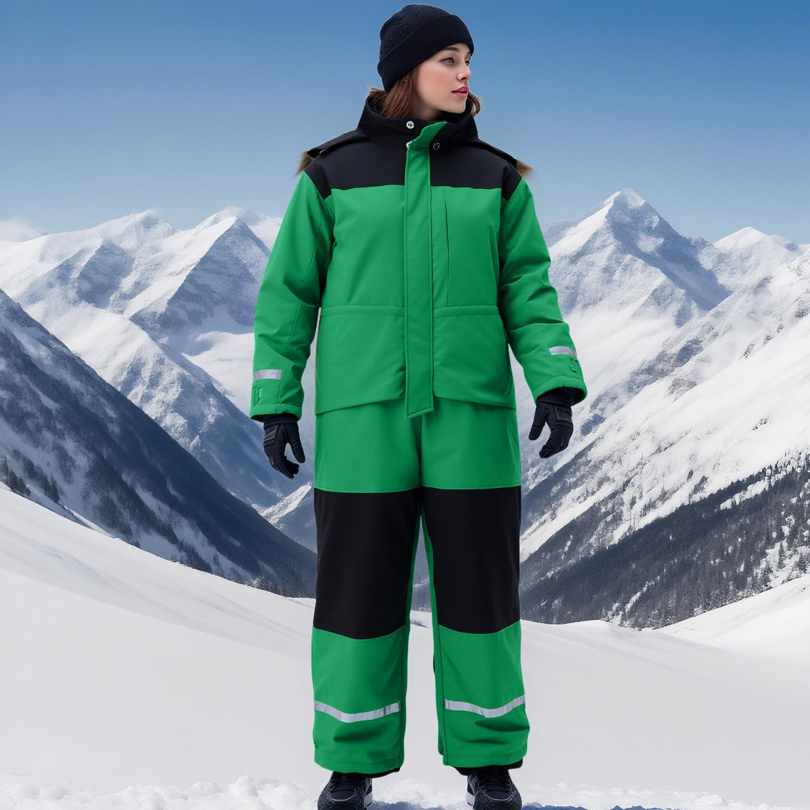 Generisch Damen Skianzug Einteiler Schneeanzug Wasserdicht Winddicht Winter Warme Schnee Skifahre Outdoor Jumpsuit Langer Overall Mit Reflektierenden Streifen Schneemantel Reißverschlusstaschen