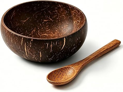 KFSCIP Coconut Bowl Set with Wooden Spoon, Handcrafted Coconut Shell Bowls for Acai Bowls and Fruit Bowls, Natural Wooden Bowls for Outdoor Dining and Vegan Meals, Dimensions 14 x 6 cm