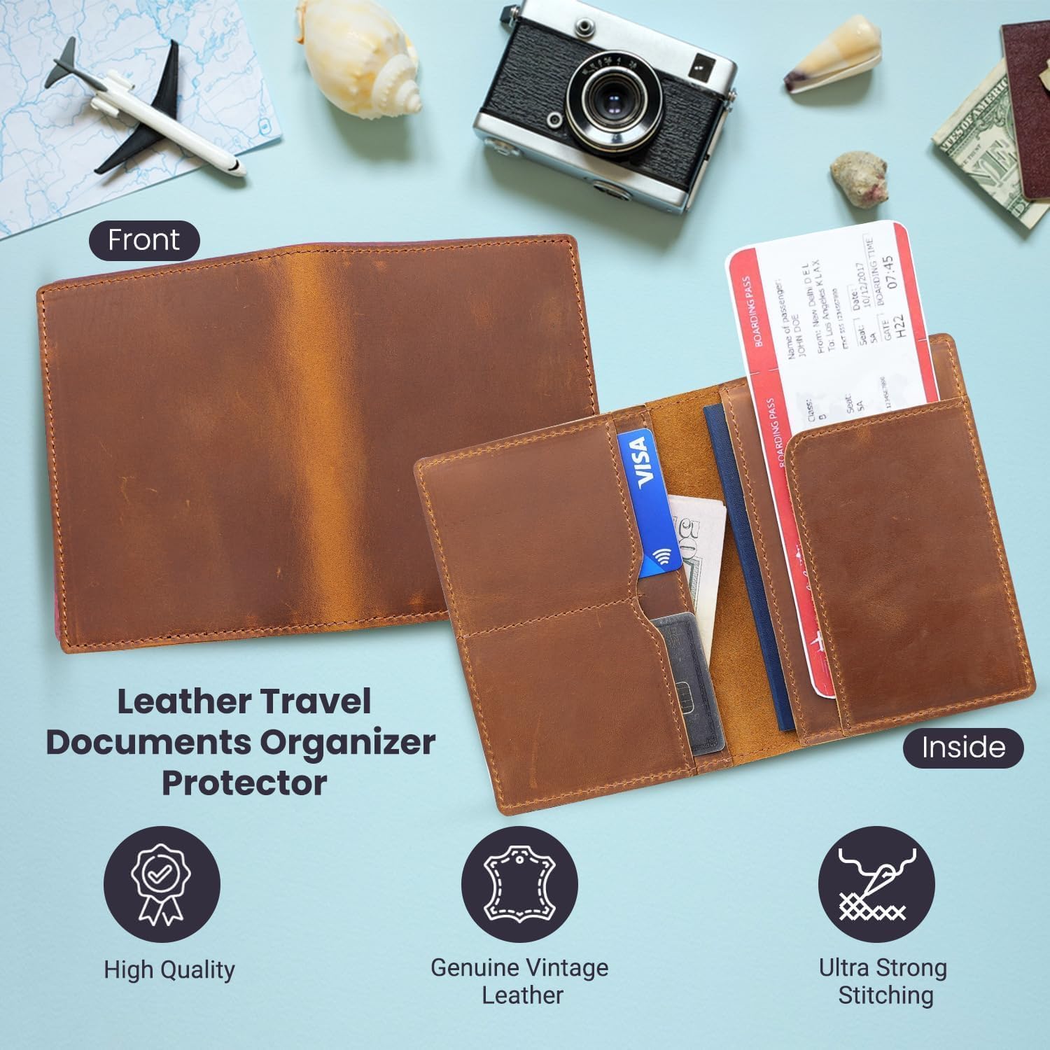 Personalized Passport Holder, Handmade Travel Wallet, Passport Cover with Card and Ticket Slot, Genuine Leather, Passport Case, Wallet for Passports (Brown, Everday is a new adventure)