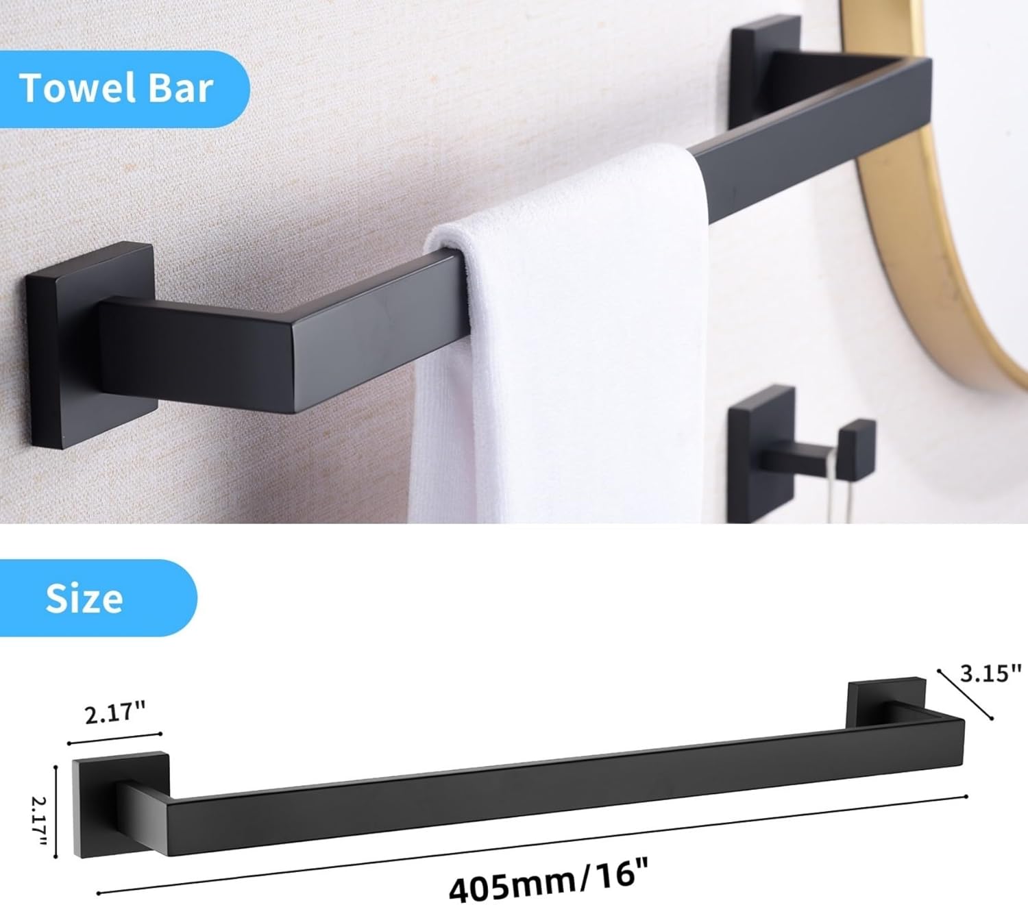 Bathroom Hardware Set Matte Black,16-inch Towel Rack 304 Stainless Steel 5-Piece Bathroom Accessories Kit Wall Mounted Include Towel Ring,Toilet Paper Holder,Robe Hook
