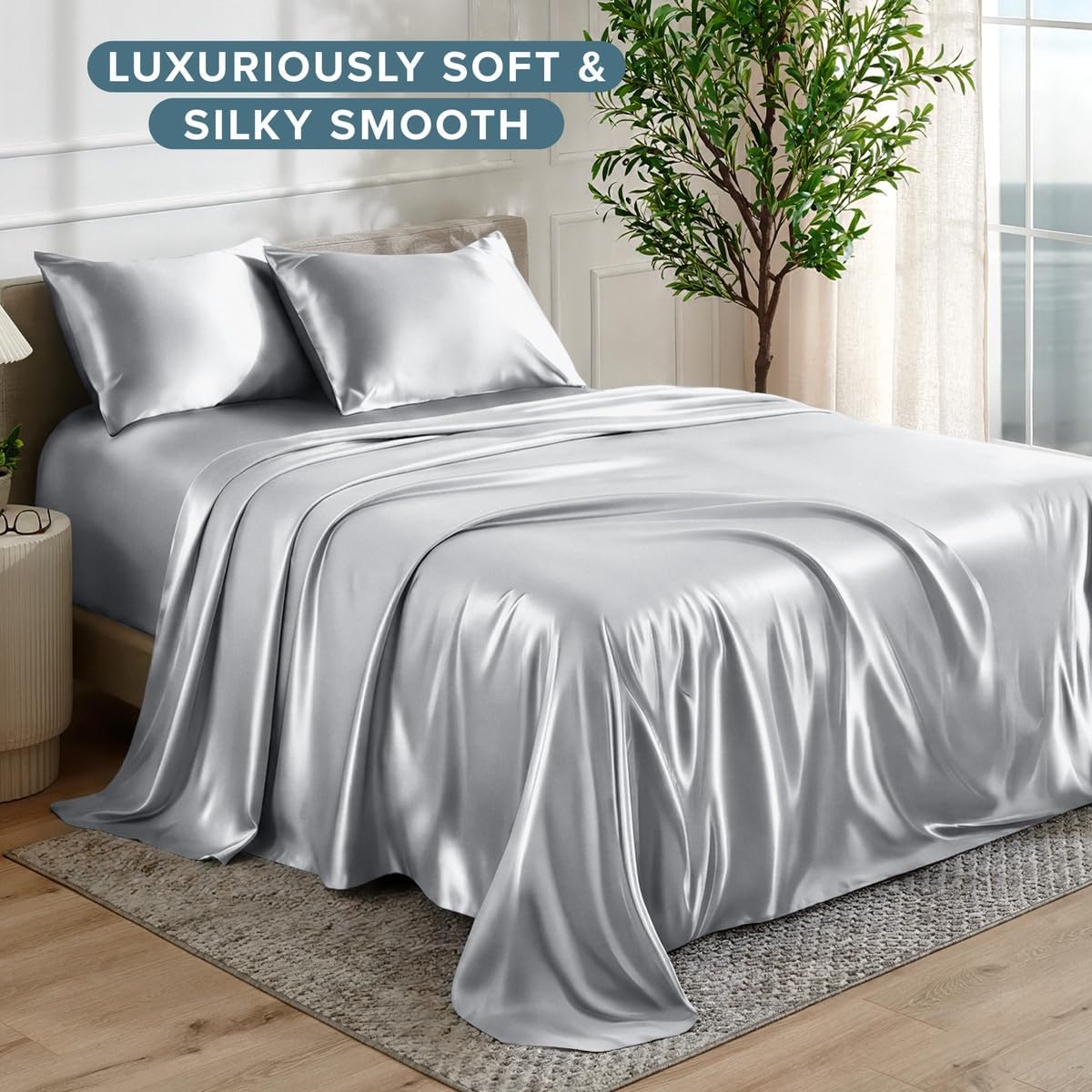 Bare Home Poly Satin Sheet Set Similar to Silk (King, Silver) image 4