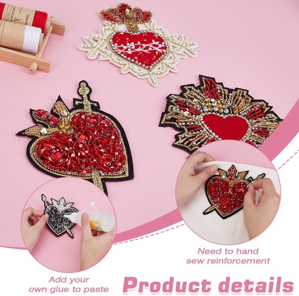 FINGERINSPIRE 3 Pcs 3 Styles Red Heart Beaded Patch 5.8x4.8inch Crown Heart Rhinestone Beaded Patches Heart Beaded Applique Beaded Embroidery Patches Applique for Coat Clothing Decoration