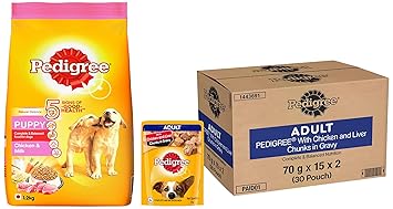 Pedigree Adult Wet Dog Food, Chicken & Liver Chunks in Gravy, 70 g (Pack of 30) & Pedigree Puppy Dry Dog Food- Chicken & Milk, 1.2kg Pack