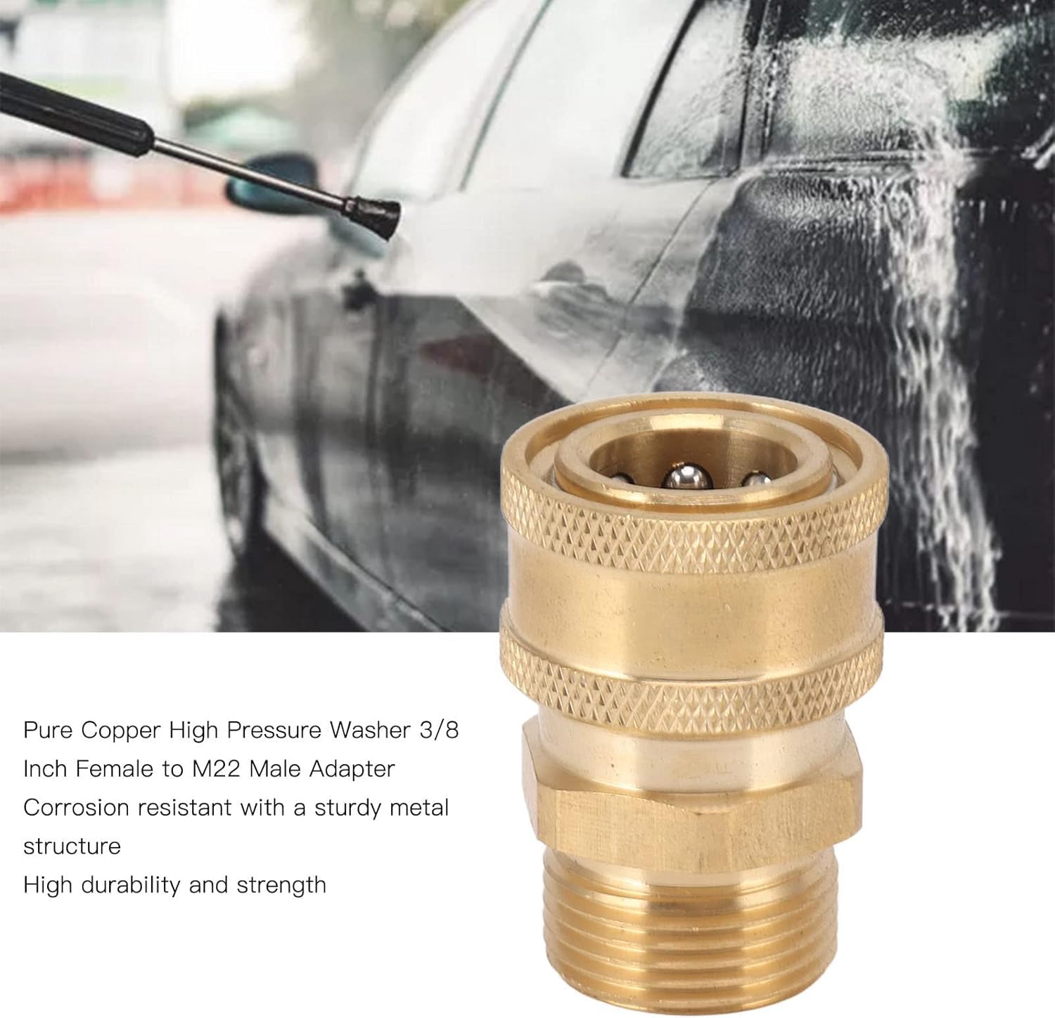 Adaptador de conexión para hidrolimpiadora M22 (2 unidades), cobre puro, conector hembra NPT de 3/8" a macho M22 para conexión universal de mangueras y bombas (orificio interior de 15 mm/0,59")