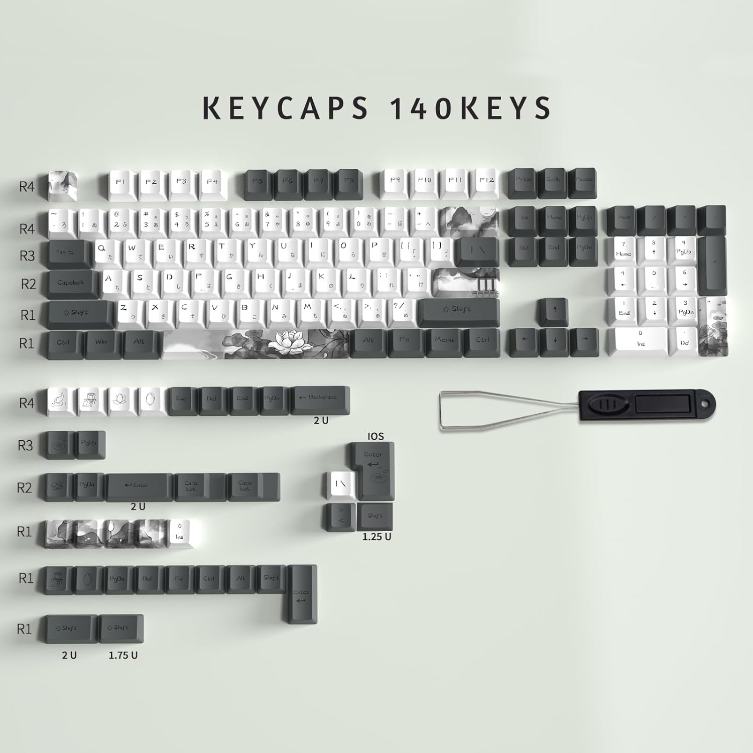 MOLGRIA Ink Lotus Keycaps, 140 Set Custom Key caps for Gaming Keyboard, PBT OEM Profile Dye Sublimation Keycaps ANSI/ISO Layout with Japanese Font for Gateron Kailh Cherry MX 104/87/74/61 60 Keyboard