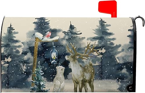 VentuCoven Winter Deer Mailbox Cover Bear Bird Mail Box Covers Magnetic Green Tree Mailbox Wraps 25.5x21 inch Outdoor Decor for Garden Yard