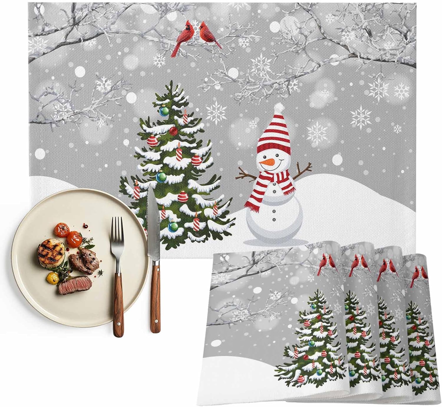 Christmas Winter Snowflake 1 Placemats Set of 6, Washable Cotton Linen Table Mats for Kitchen Dining Table, Heat Insulation Place Mats for Indoor Outdoor Parties, Holiday Decorations