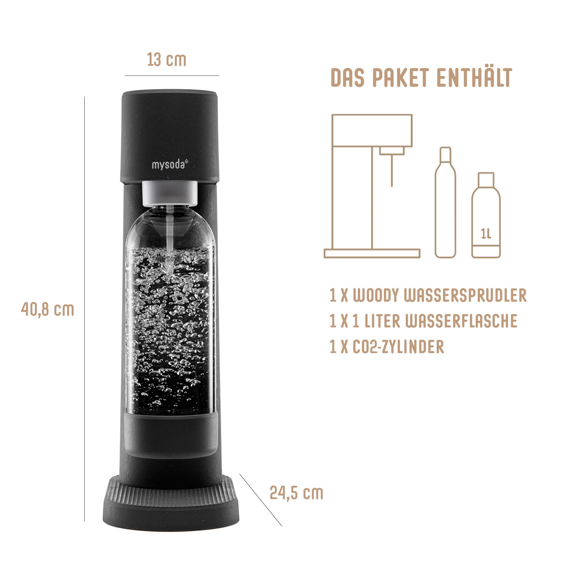 Mysoda Woody - Gasatore d’acqua per l’acqua frizzante in materiale composito di legno con bottiglia in PET e bombola CO2 inclusa - Nero