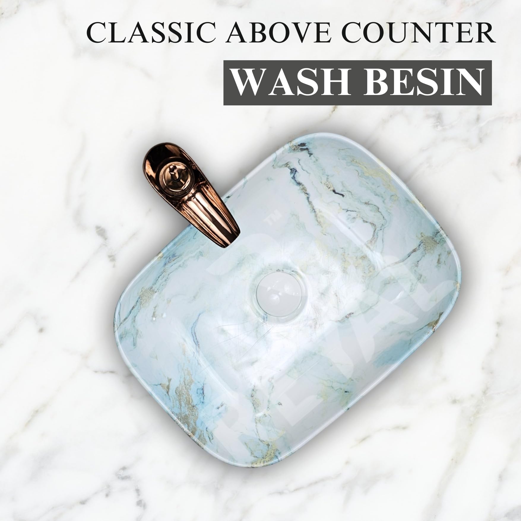 Reyal Wash Basin Marble Series Glossy Ceramic Tabletop Wash basin (13" x 18" x 5.5") Counter Top Washbasin | Bathroom Wash Basin Vessel Sink (CLOUDY GREEN BLUE) 4