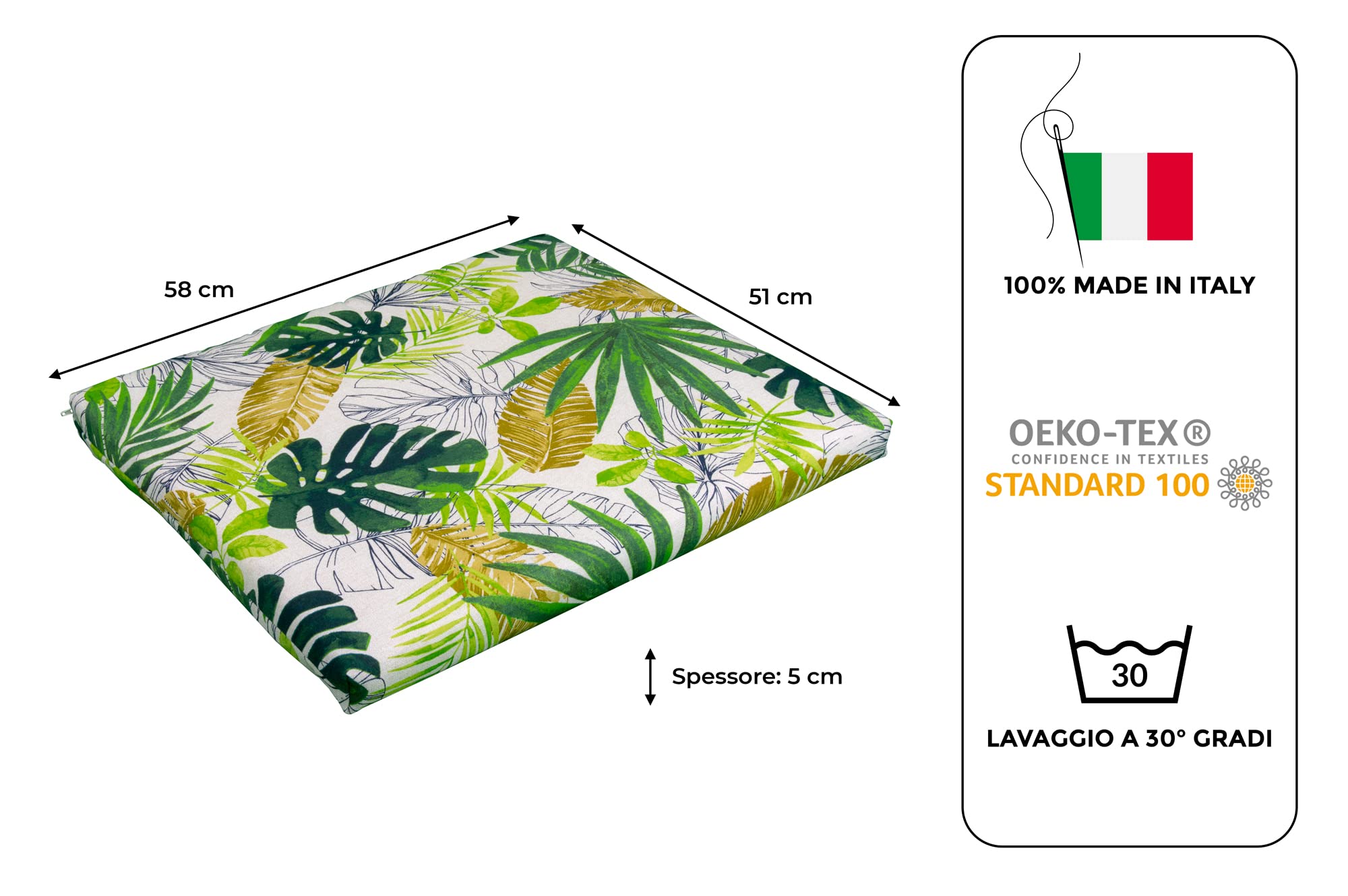 GHIOCUSCINI | Set di 2 Cuscini da Esterno per Salottino in Rattan, FANTASIA FORESTA, Tessuto Cotone/Poliestere, Sfoderabile, 58 x 51 cm, Alto 5 cm, Made in Italy