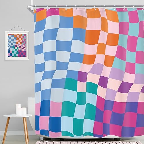 Miniatura 2 de MESHELLY Cortina de ducha a cuadros retro colorida de 60 pulgadas de ancho x 72 pulgadas de alto de los años 70 Y2k Groovy Funky Cute Kids Plaid