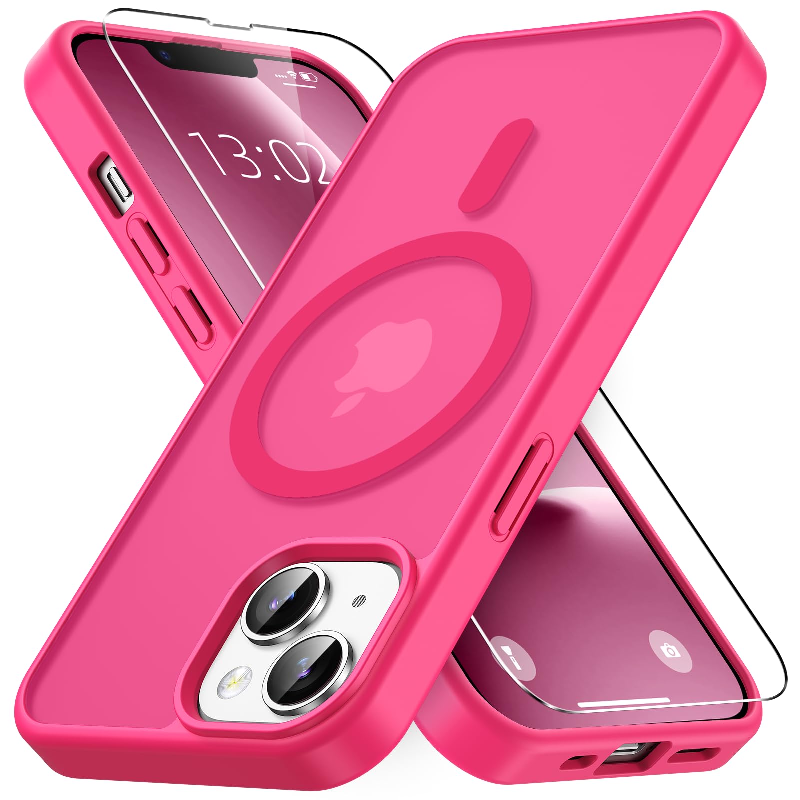 Vansdon Cover Magnetica per iPhone 13/14 con 1 Pezzi Vetro Temperato, Compatibile con Magsafe, Protezione anticaduta di livello militare, Custodia Traslucida Opaca Sottile Antiurto-Rosa shocking