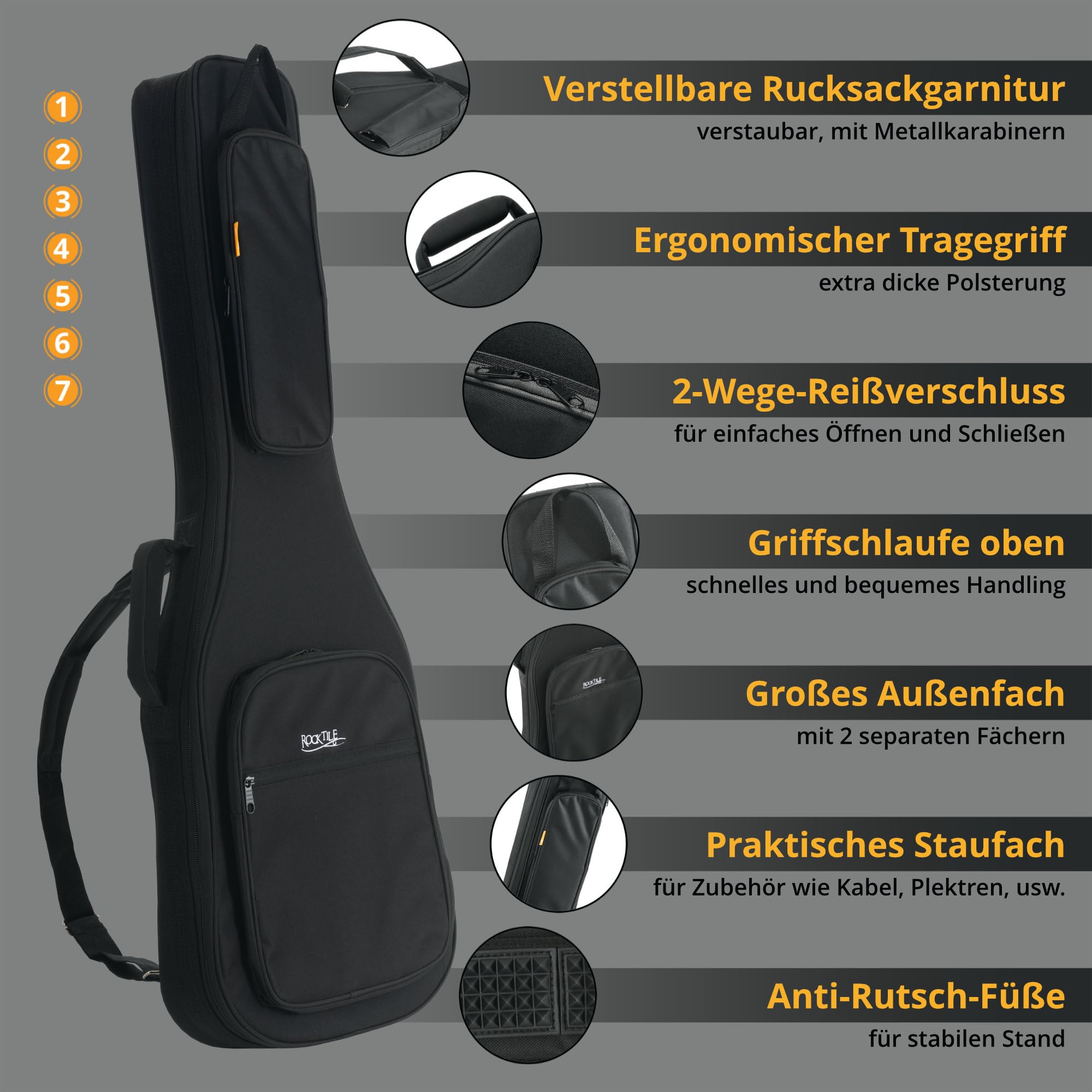 ROCKTILE EGSC-1122BK miękkie etui na gitarę elektryczną – grubo wyściełana torba na gitarę z podpórką na szyję, zestawem plecakowym i trzema kieszeniami zewnętrznymi – odporna na działanie wody i