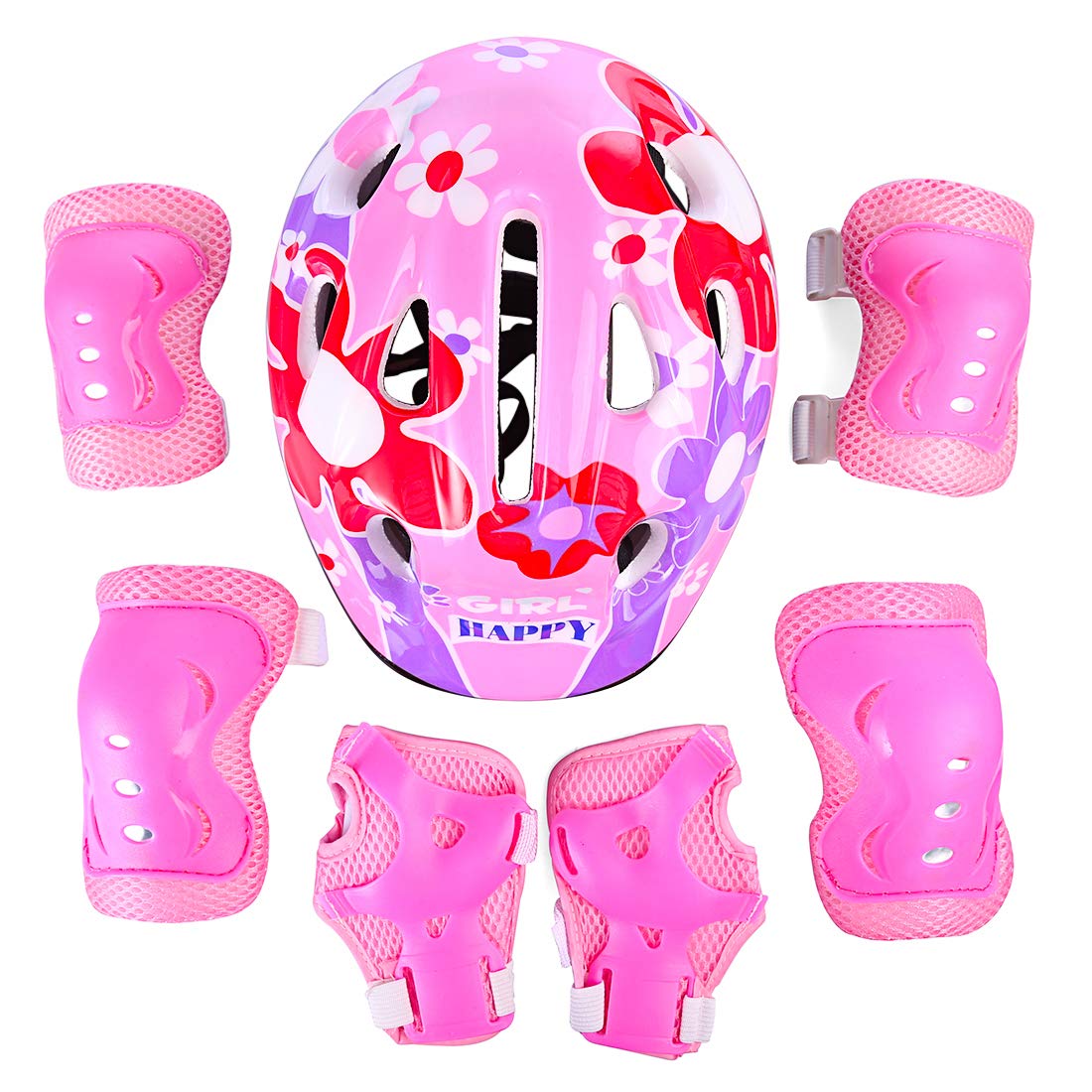 7 in 1 Ragazza Kit Protezione Set di Ginocchiere Gomitiere Polsiere Casco per Pattini a Rotella, BMX, Skateboard, Bicicletta,5-13 Anni.