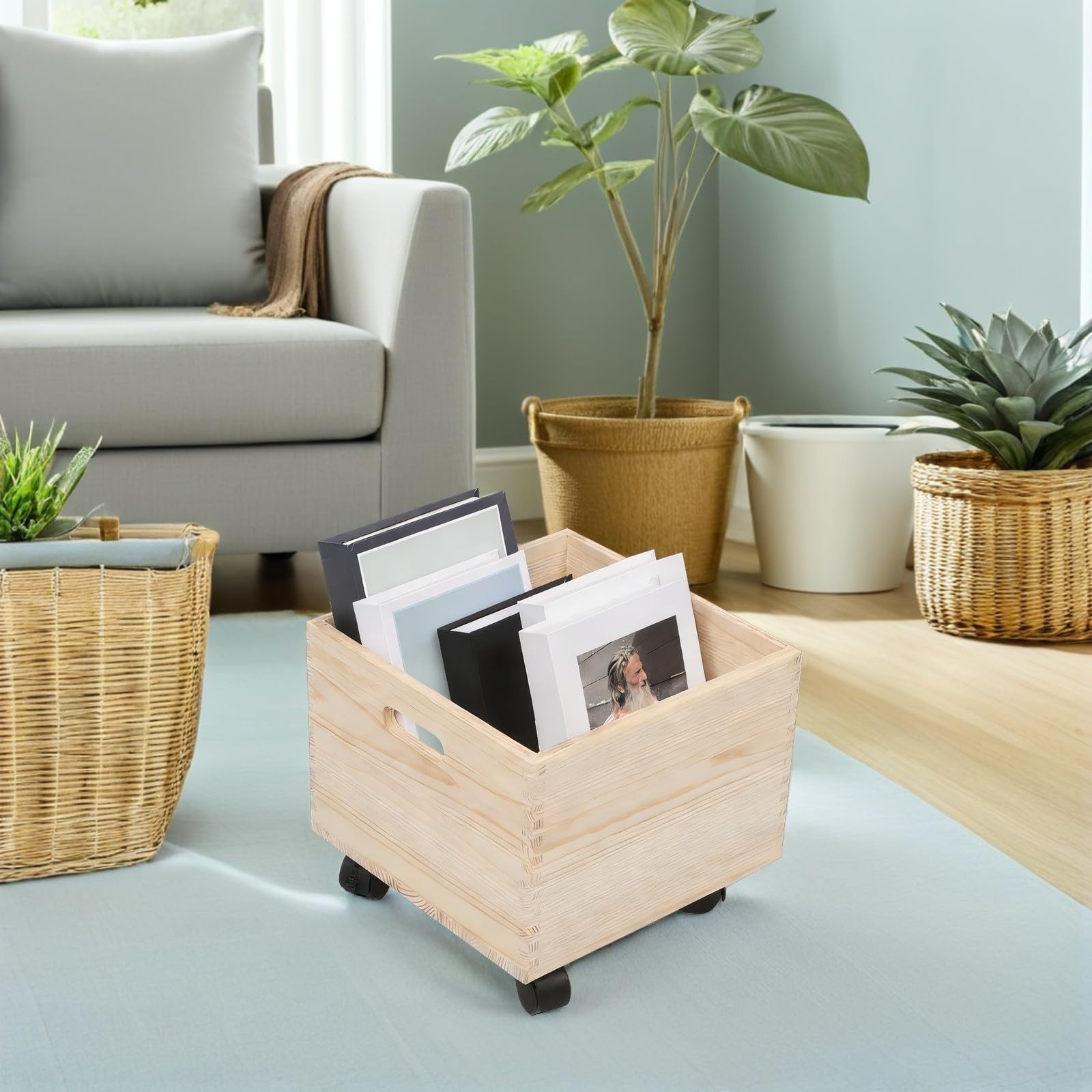 Ciieeo Cassa Porta Dischi Vinile in Legno Beige con Ruote, Contenitore Quadrato Rustico per Gestione Spazio e Uso Flessibile in Ambienti Studio e Dormitorio