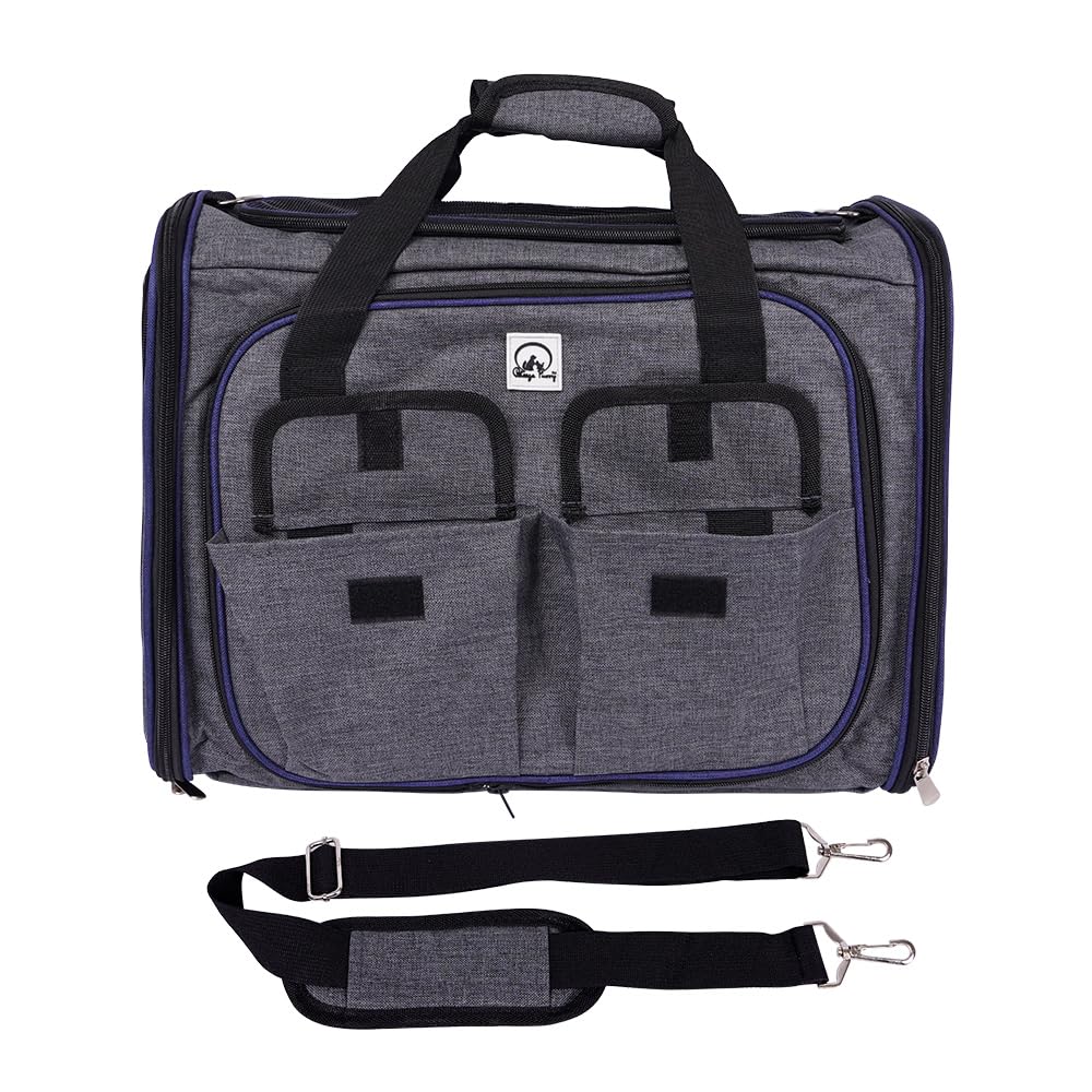 Transportín Perro y Gato Bolso Portaperro Transpirable para Mascota Transportadora de Viaje Ventilación Bolsillos Laterales Dos Puertas con Correa para Coche (Gris, 28x33x42cm)