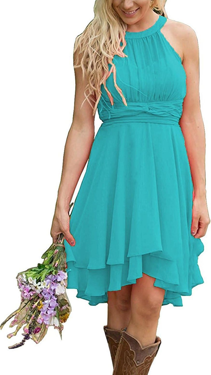 Meledy Women's High Low Short Bridesmaid Dresses Knee Length Chiffon Ruching Halter Prom Dress Turquoise US04