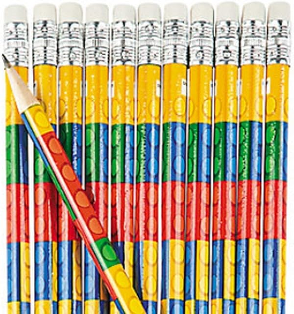 Pack of 12 - Brick Block Wooden Pencils with Erasers- Party Bag Fillers