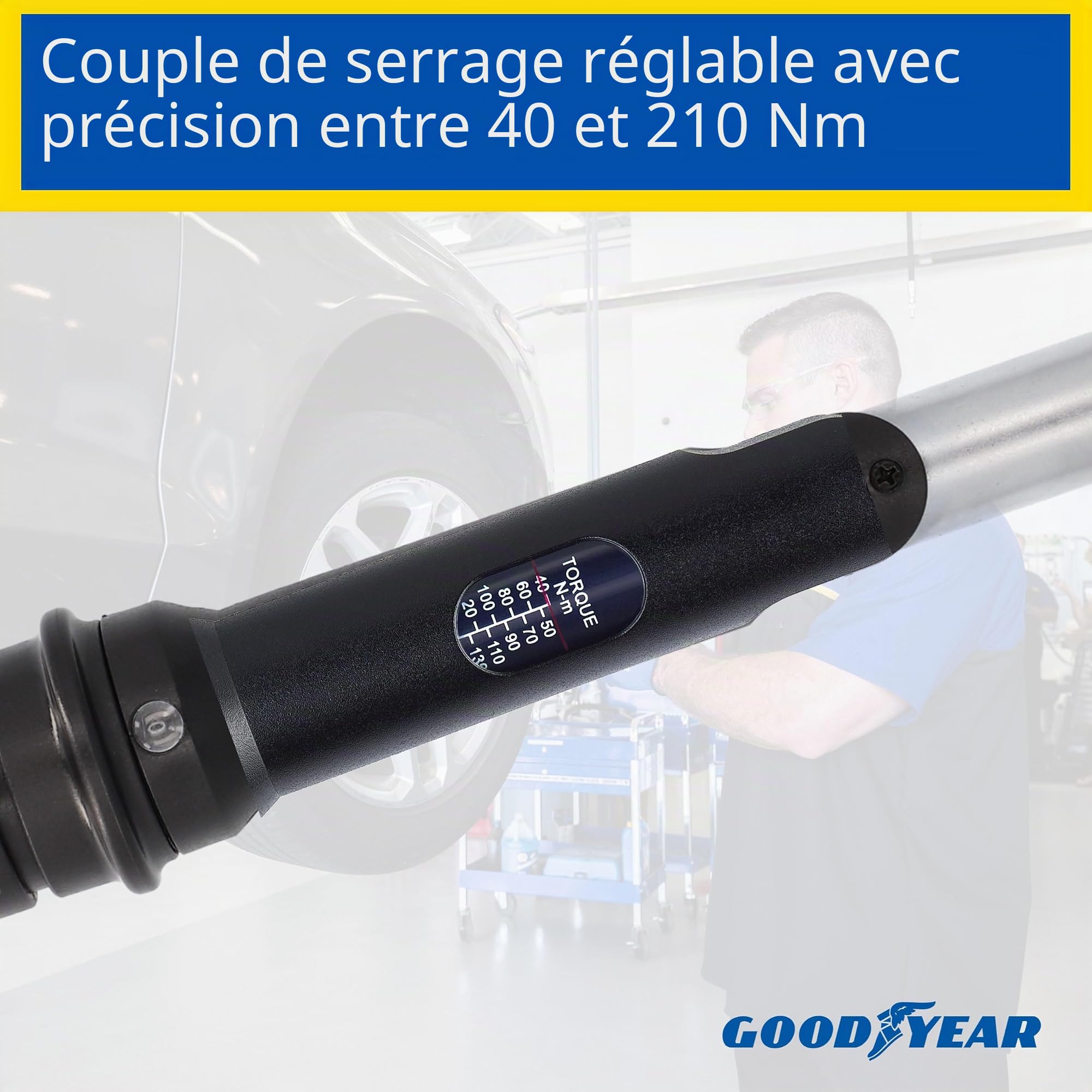 Goodyear Kit de changement de roue, 6 pièces, clé dynamométrique + cliquet réversible + 3 pièces jeu de douilles + rallonge, boîte, Noir