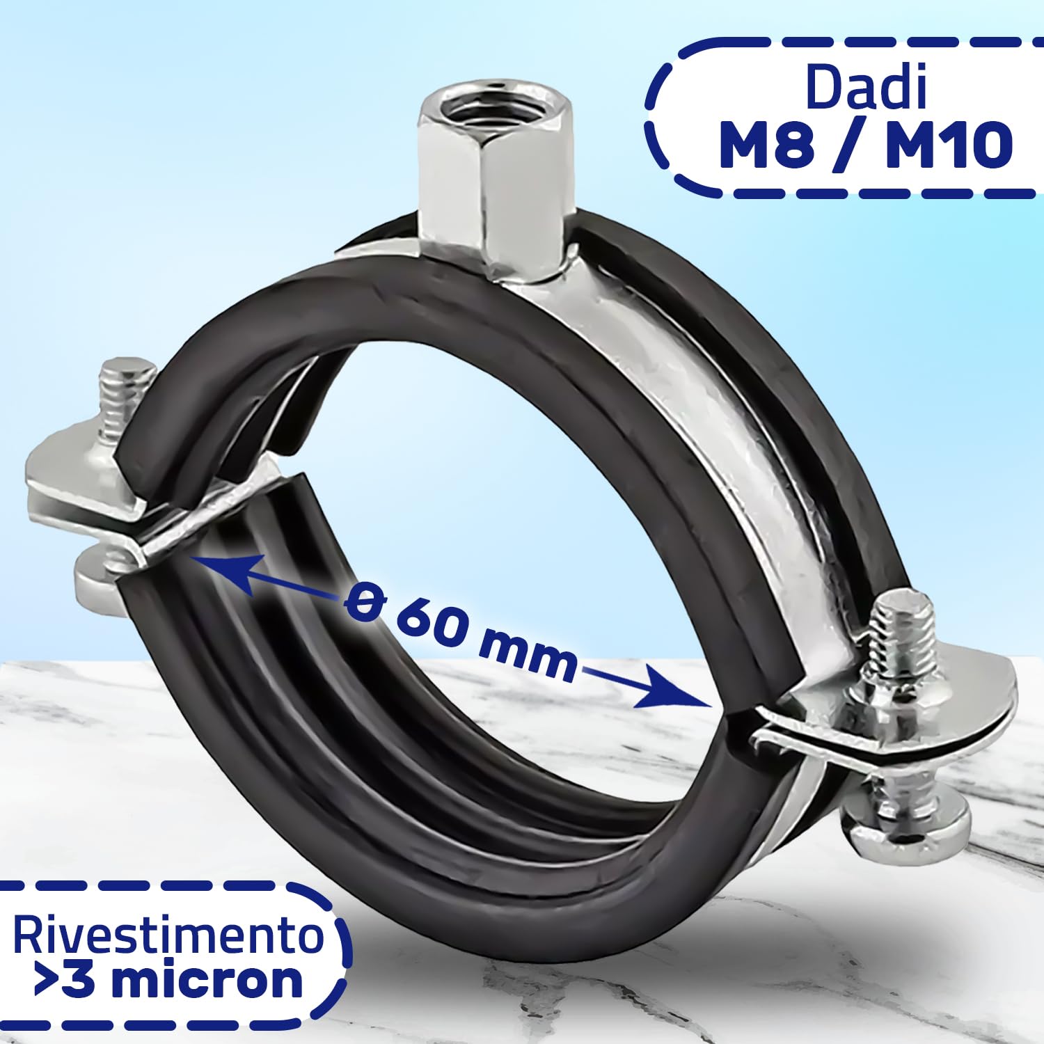 Rinforzato Fascette Metalliche M8/M10 con Guarnizione in Gomma e con Diametro di Ø60 mm o di 2" - Garanzia di 10 Anni - MONTERAL