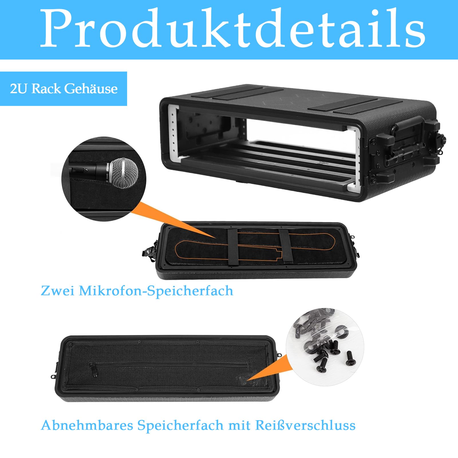 2U Rack Koffer, flach, 16 Zoll tief, 19 Zoll Rackmount-Flight-Koffer für Reisen Schutzkoffer mit maßgeschneiderter Schaumstoffeinlage Aufbewahrungsraum für drahtloses Mikrofonsystem Verstärker