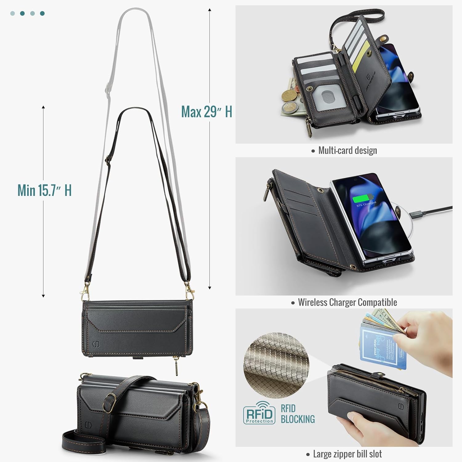 Crossbody Wallet Case Compatible with Google Pixel 9 Pro Fold RFID Blocking 10-Card Holder Soft PU Leather Magnetic Snap Shoulder Strap Zipper Phone Case Fit for Pixel 9 Pro Fold - Black