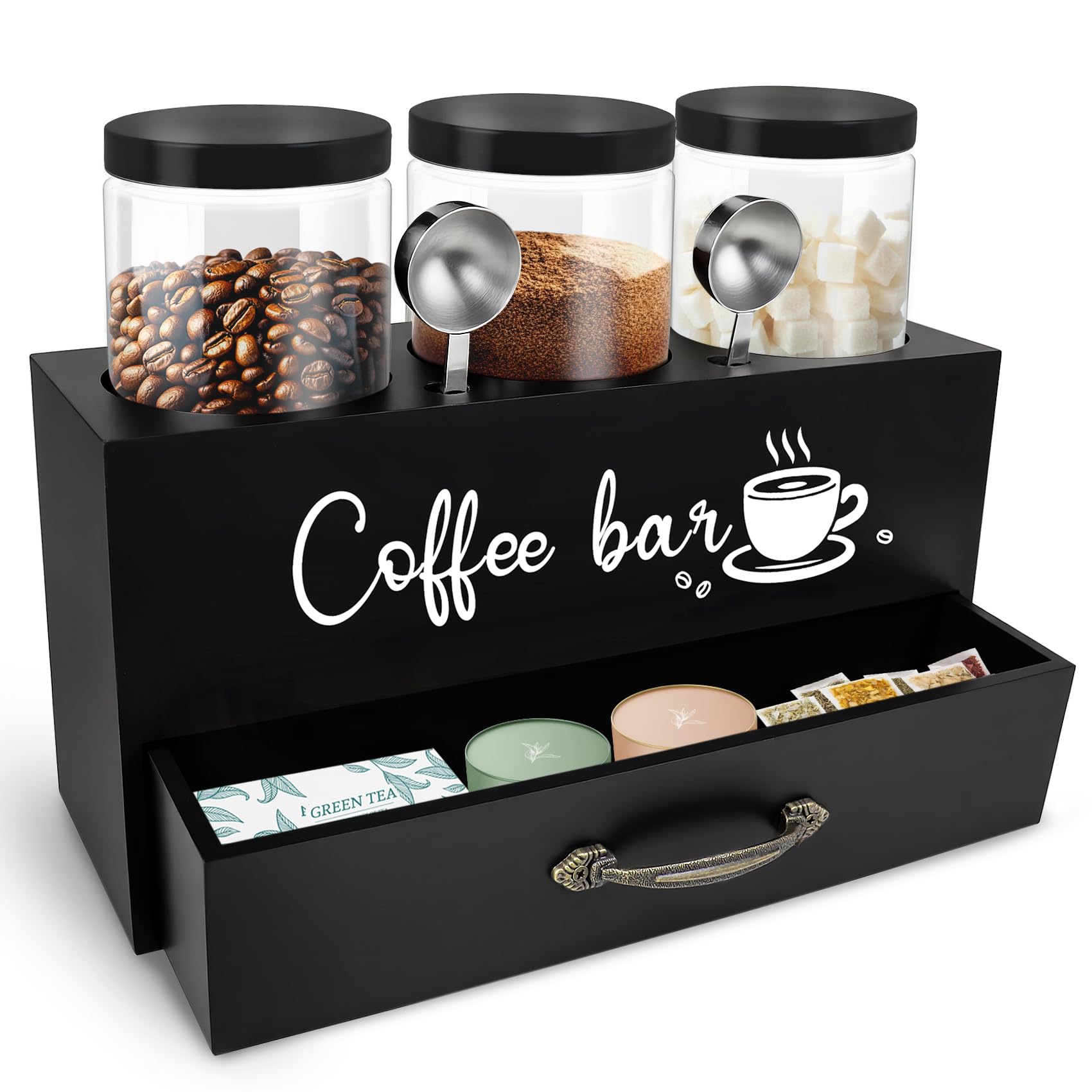 54 oz Coffee Canister Set with Shelf, Coffee and Sugar Container Set of 3 Canisters Sets for Kitchen Counter, Plastic Coffee Bean Storage Container with Scoop (Black - Drawer)