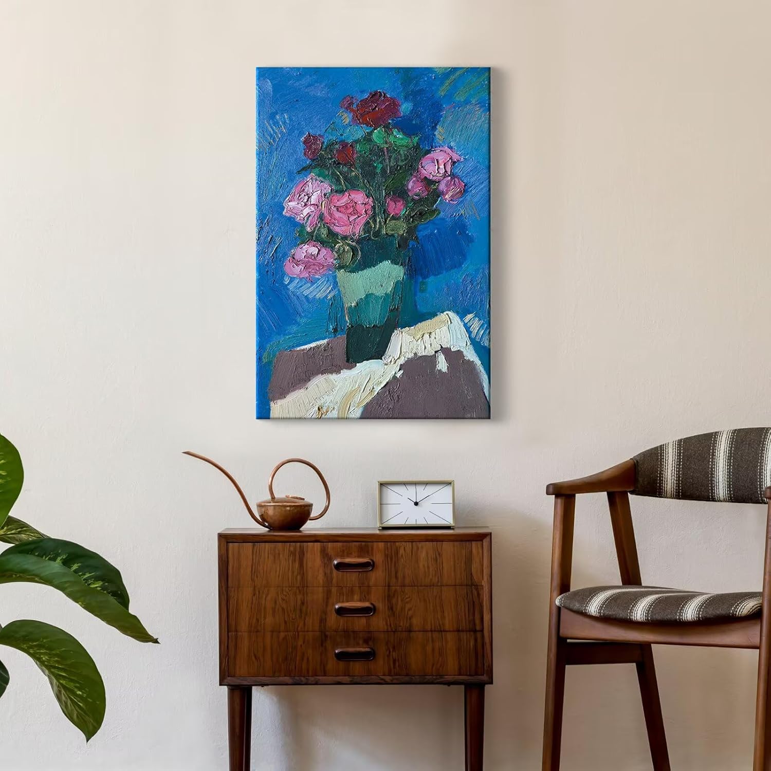 phoenix bold red pink rose vase wall art decor framed canvas expressive impressionist floral still life painterly romantic for office & home living dining room bedroom kitchen 16x24 inch