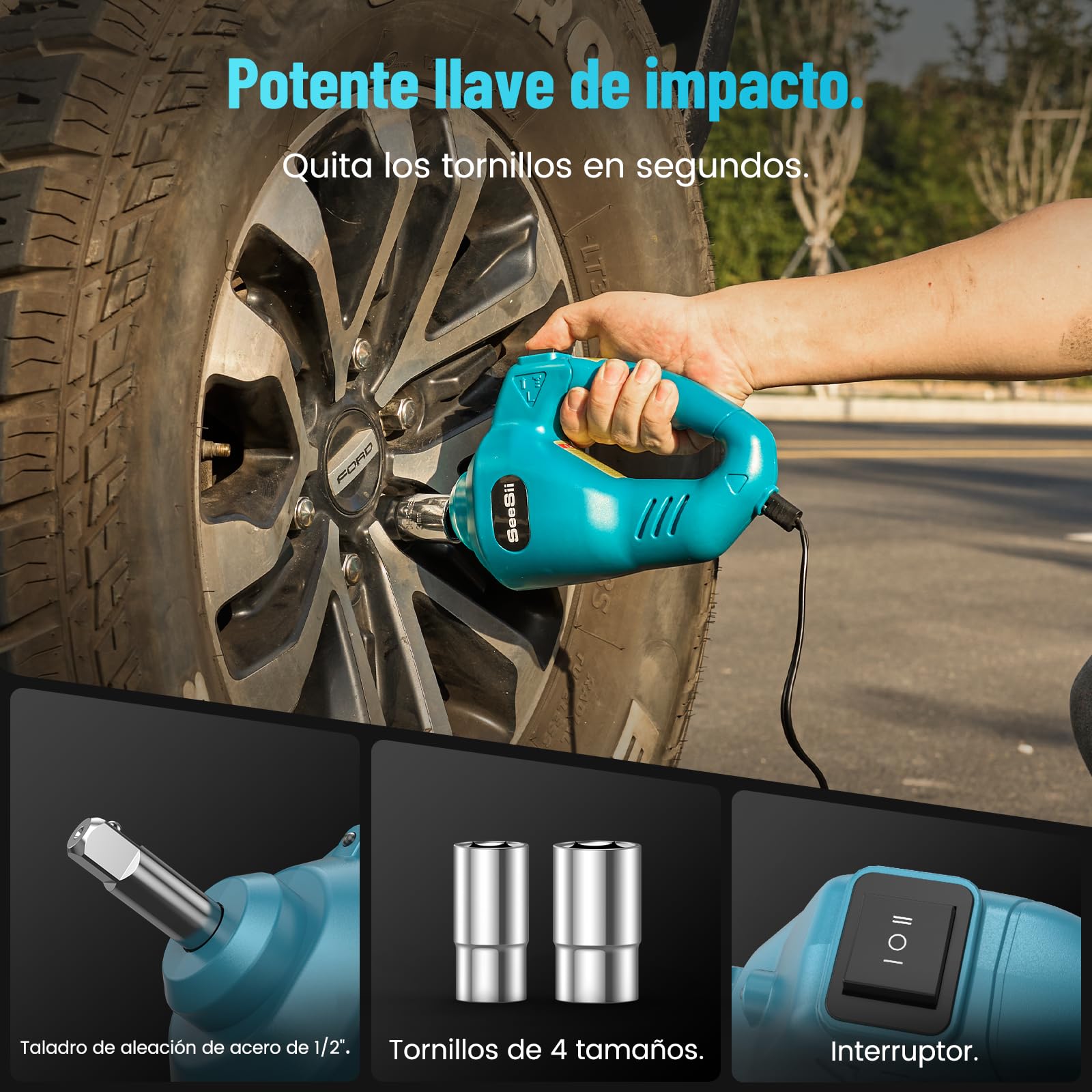 SEESII Kit de Gato Hidráulico Eléctrico para Coche 5 Toneladas (Alcance de Elevación 17.7 Pulgadas) - Gato 3en1 con Llave de Impacto e Inflador - Gato de Suelo para SUV/Camioneta/Camión/Sedán