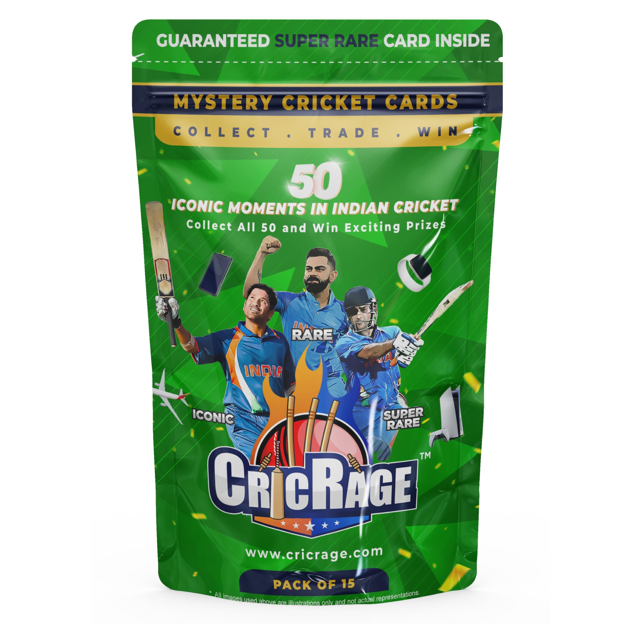 CRICRAGE Cricket Trading Cards Pack of 15 | Limited Edition with Iconic  Moments in Indian Cricket | Includes Guaranteed Super Rare Card | Ideal for  Collectors