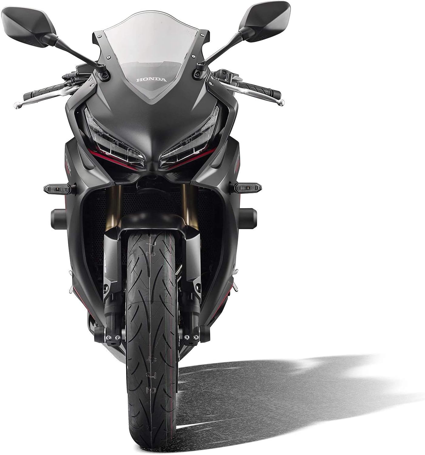 Davant view of a Honda CBR650R motorcycle with EVOTECH frame sliders visibly installed on both sides.