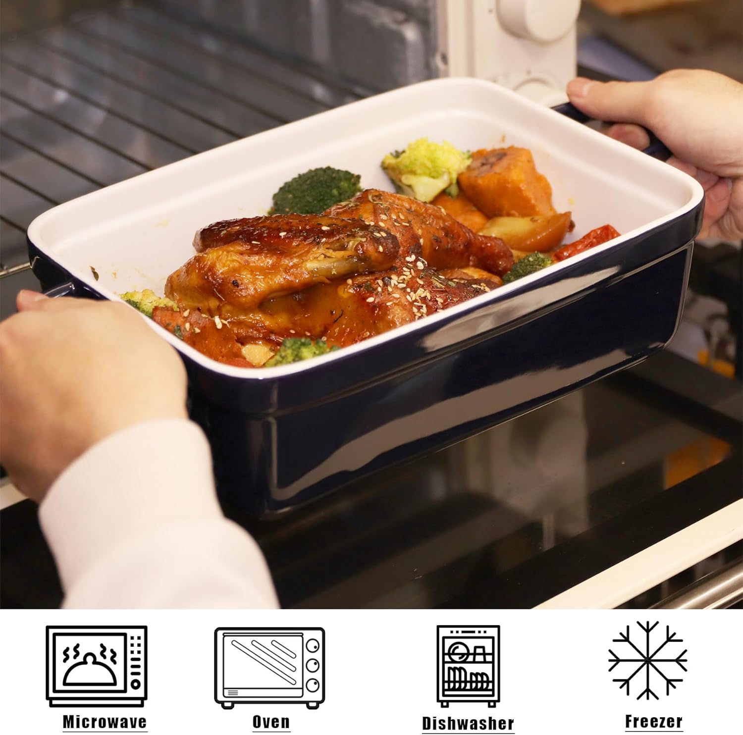 Baking Pan with Handles, Lasagna Pan Deep for Oven, Ceramic Casserole Baking Dish with Lid for Dinner, Banquet, and Party (navy blue(3.1 Quarts))