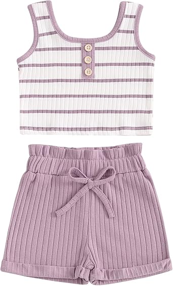 Toddler Baby Boy Girls Summer Clothes Ribbed Sleeveless Striped Tank Tops Solid Color Shorts Set 2Pcs Casual Outfits