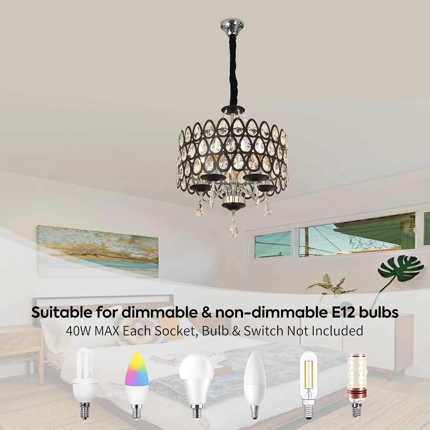 15Inch Crystal Chandelier Pendant Light Fixtures,Recessed Ceiling Lights Length Adjustable Hanging Light Sconce E12 for Living Room Bedroom Kitchen Restaurant,Black Pendant Lamp Indoor Lighting