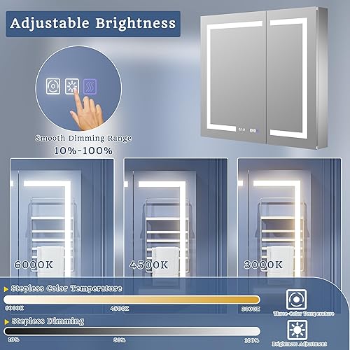Miniatura 3 de ExBrite Botiquín de baño con iluminación LED con espejo, 36 x 32 pulgadas, botiquín empotrado o de superficie, reloj, pantalla de temperatura