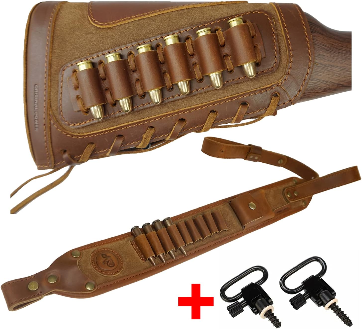 Brown Cheek Rest pad with Gun Sling & Swivels for 45-70 .308, Drawstring Ammo Pouch Bag