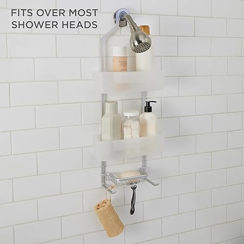 Miniatura 3 de Bath Bliss Organizador colgante de aluminio de 2 niveles, cabeza, con ganchos de lufa, jabonera, capacidad para botellas grandes y pequeñas,
