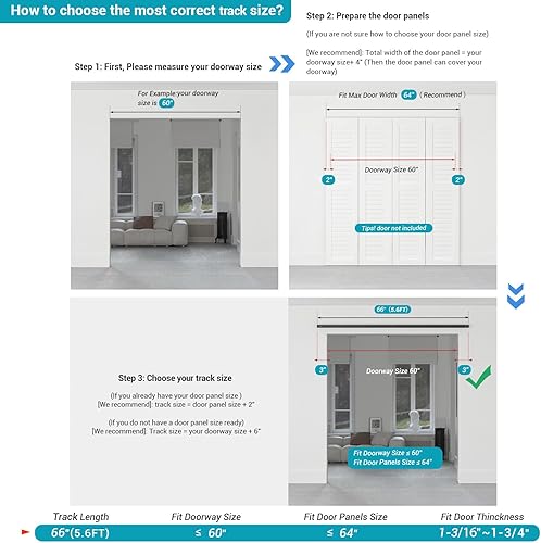 Miniatura 2 de Kit de riel de herrajes para puerta corrediza de granero de 66 pulgadas, suave y silencioso, rodillo negro montado lateral, puerta no incluida