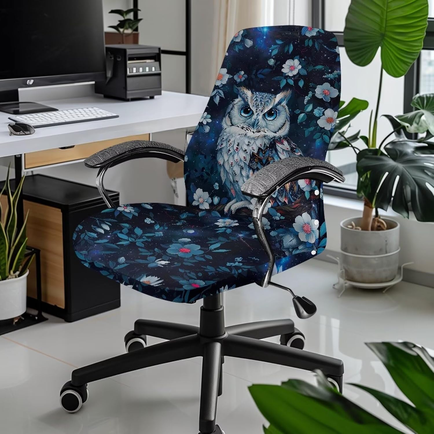 Blue Owl Desk Chair Covers Stretchable No Arms Stretchable Office Chair Covers Universal Executive Boss Chair Covers Gaming Chair Covers Non Slip Rotating Chair Slipcovers