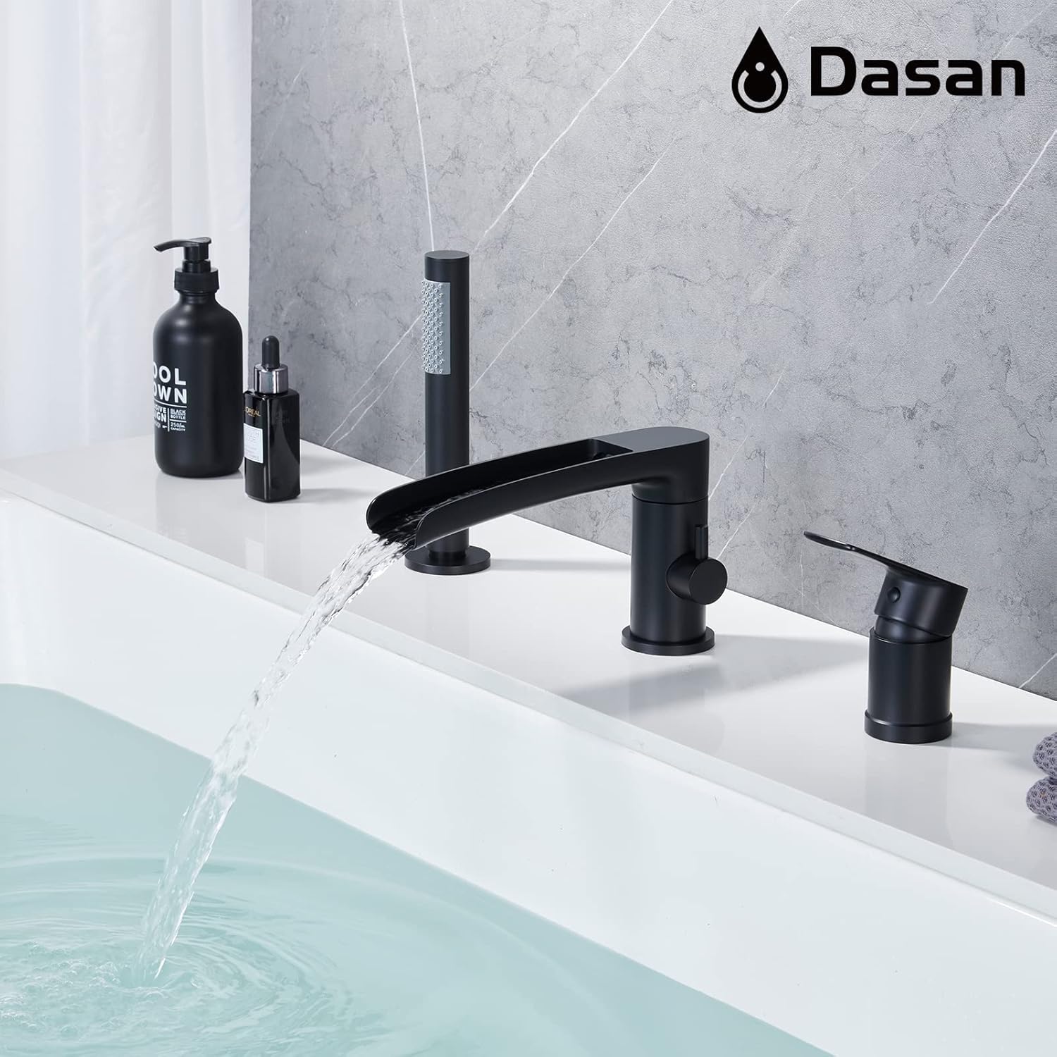 DASAN Roman Bathtub Faucet Set with Handheld Shower Sprayer 3-Hole Deck Mount Tub Filler Faucet Set, Matte Black Waterfall Roman Tub Faucet with Valve Included, DA-TF09WH-BK