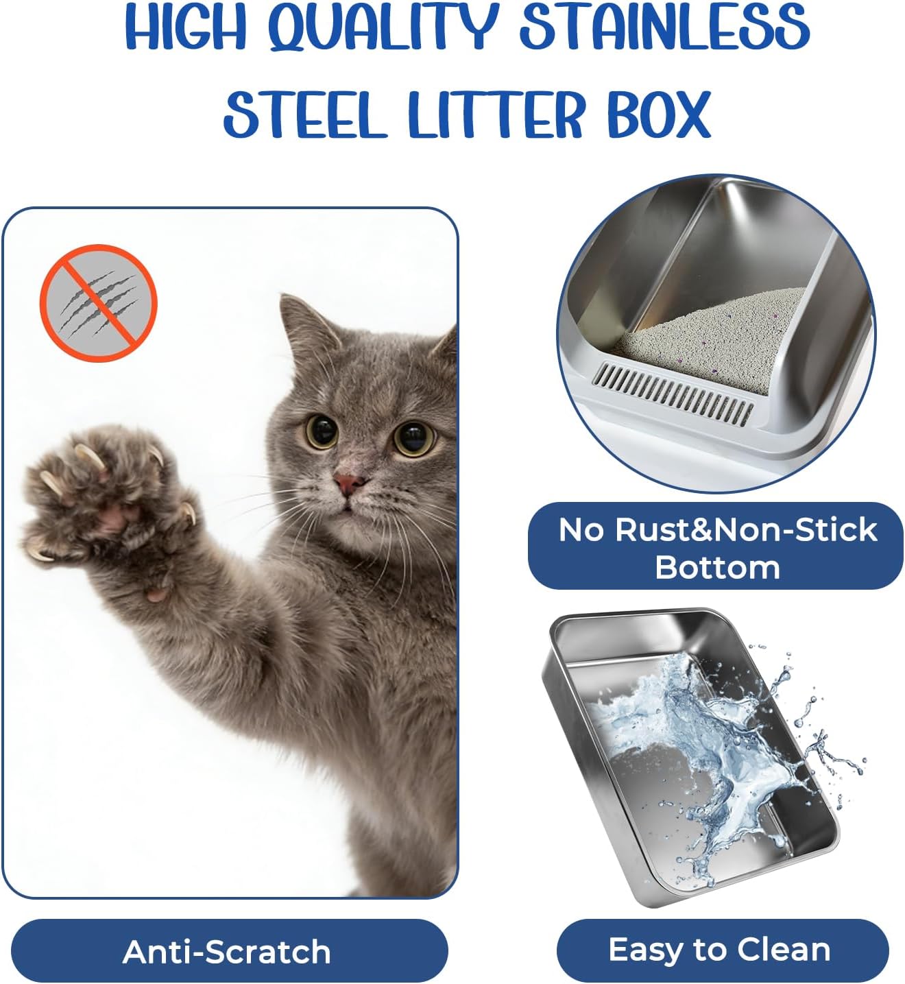 Stainless Steel Cat Litter Box with Lid, High Wall Kitty Litter Box for Small Cats, Metal Kitty Litter Box, Non-Sticky, Anti-Leakage, Easy Cleaning, Include Cat Mat and Scoop, 17.2"x13.2"x7.7"