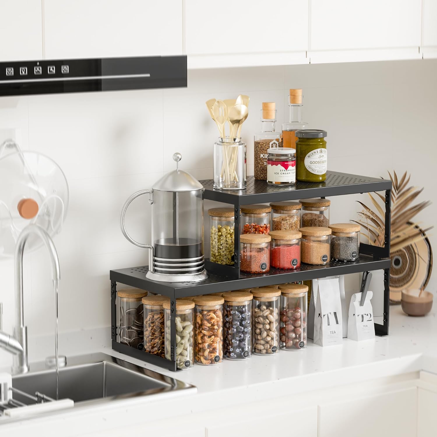 Stackable Expandable Metal Shelf Organizer, Adjustable Storage Rack, Heavy Duty Space Saver for Kitchen, Pantry, Bathroom, Countertop & Office(3Pack/Large/Black)