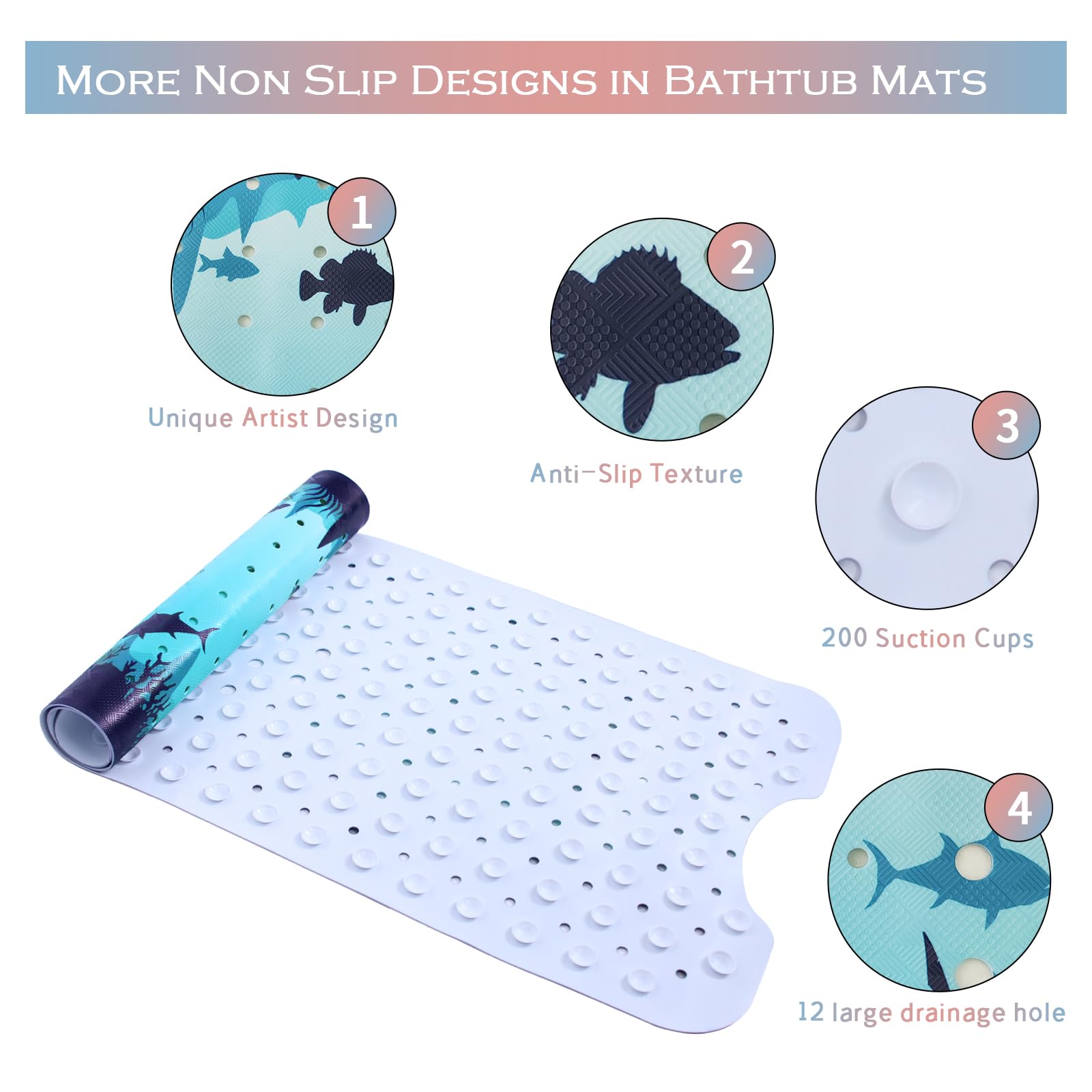 Blue Bathtub Mat Non Slip 40x16in Extra Long Bath Mat for Tub Funny Cute Ocean Animals Anti Slip Shower Mat for Bathroom with Large Drain Holes and Suction Cups Bath Mats and Bathtub Decor - Image 4