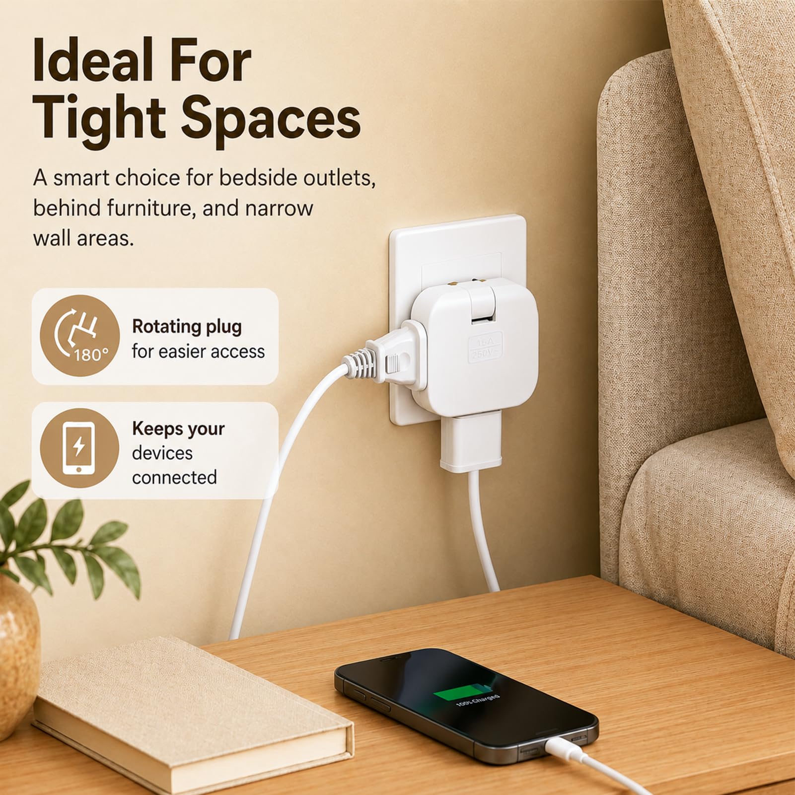 2 Stück Flachstecker mit 180° Drehgelenk, 3 Adapter Steckdose Flach, Mehrfachsteckdose 3 Fach, Steckdosenadapter, Flacher Mehrfachstecker für Zuhause, Büro, Küche Bereiche hinter Möbeln im Alltag