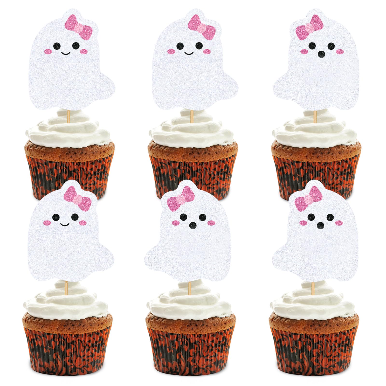 Whaline 48Pcs Halloween Cupcake Toppers Pink Bow Ghost Cupcake Picks Cute Ghost Cake Decorations for Halloween Birthday Party Supplies