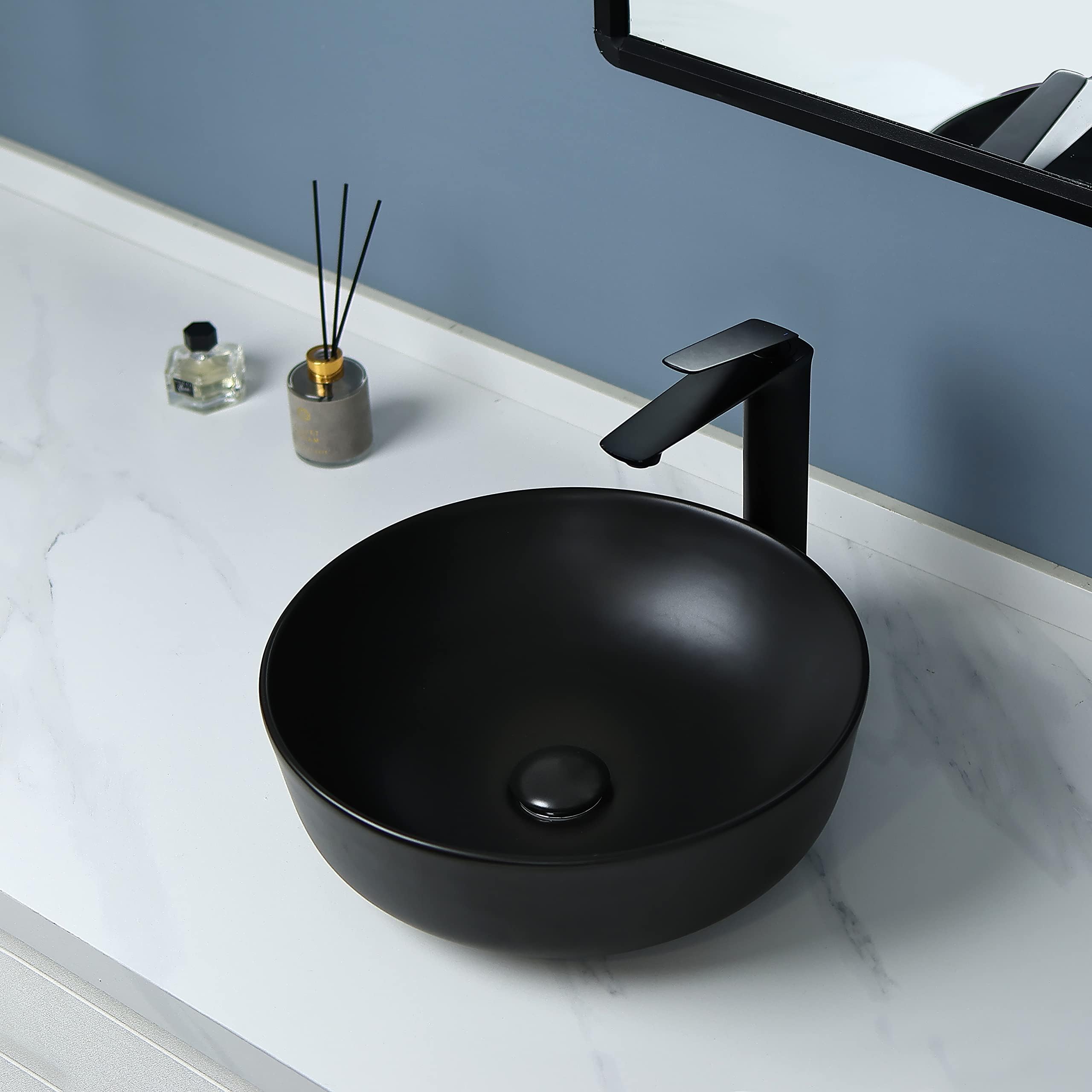 bathivy Bathroom Vessel Sink with Pop Up Drain 16" Round Vessel Sink Basin Matte Black Above Counter Ceramic Sink Bowl Countertop Circular Porcelain Washing Basin Art Basin for Lavatory Vanity Cabinet