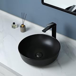 bathivy Bathroom Vessel Sink with Pop Up Drain 16" Round Vessel Sink Basin Matte Black Above Counter Ceramic Bowl Sink Countertop Circular Porcelain Washing Basin Art Basin for Lavatory Vanity Cabinet
