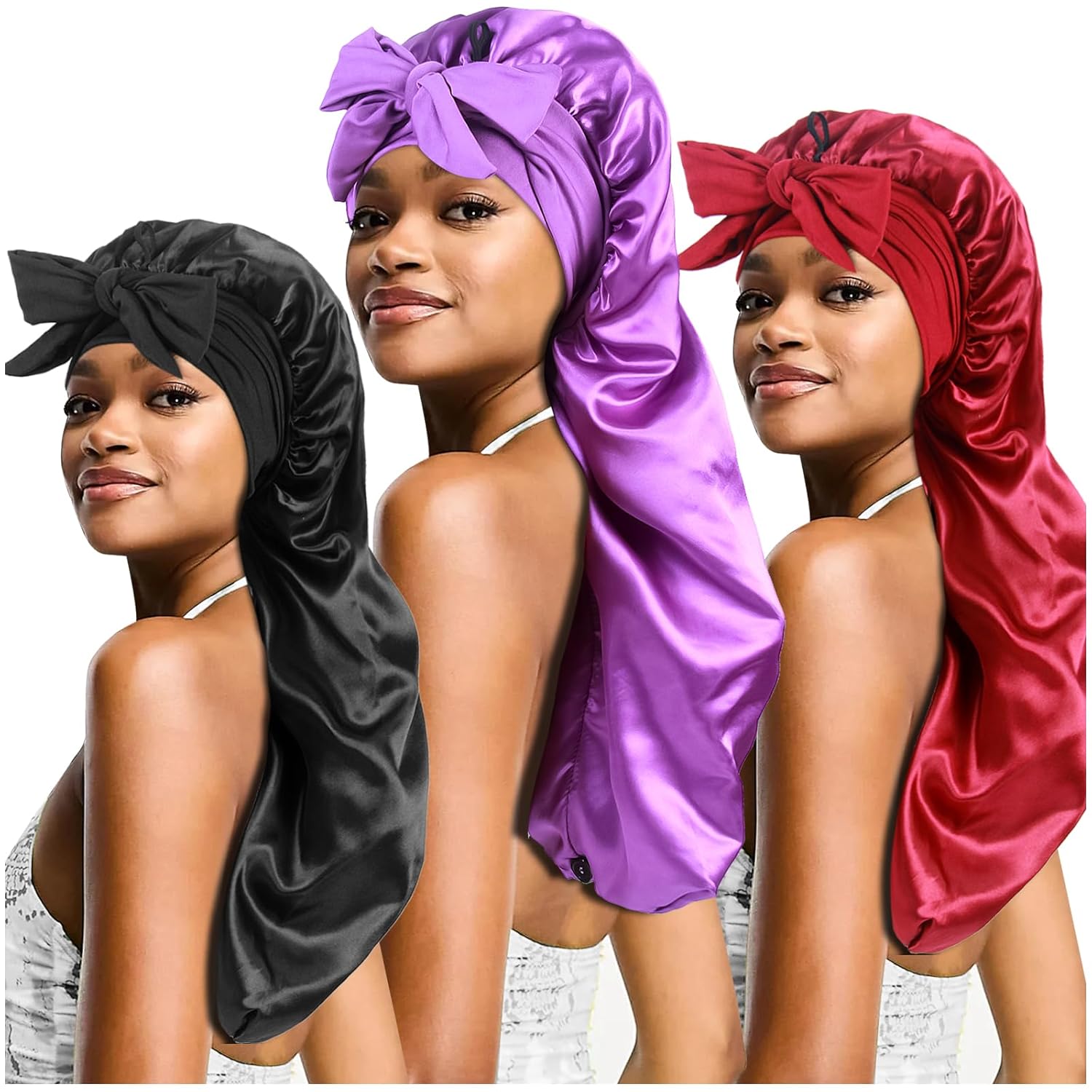 3pcs Long Satin Bonnets for Braids Locs, Large Silky Hair Bonnet with Tie for Women Sleeping Curly Hair, D (D - Black, Wine Red, Purple) Thumbnail