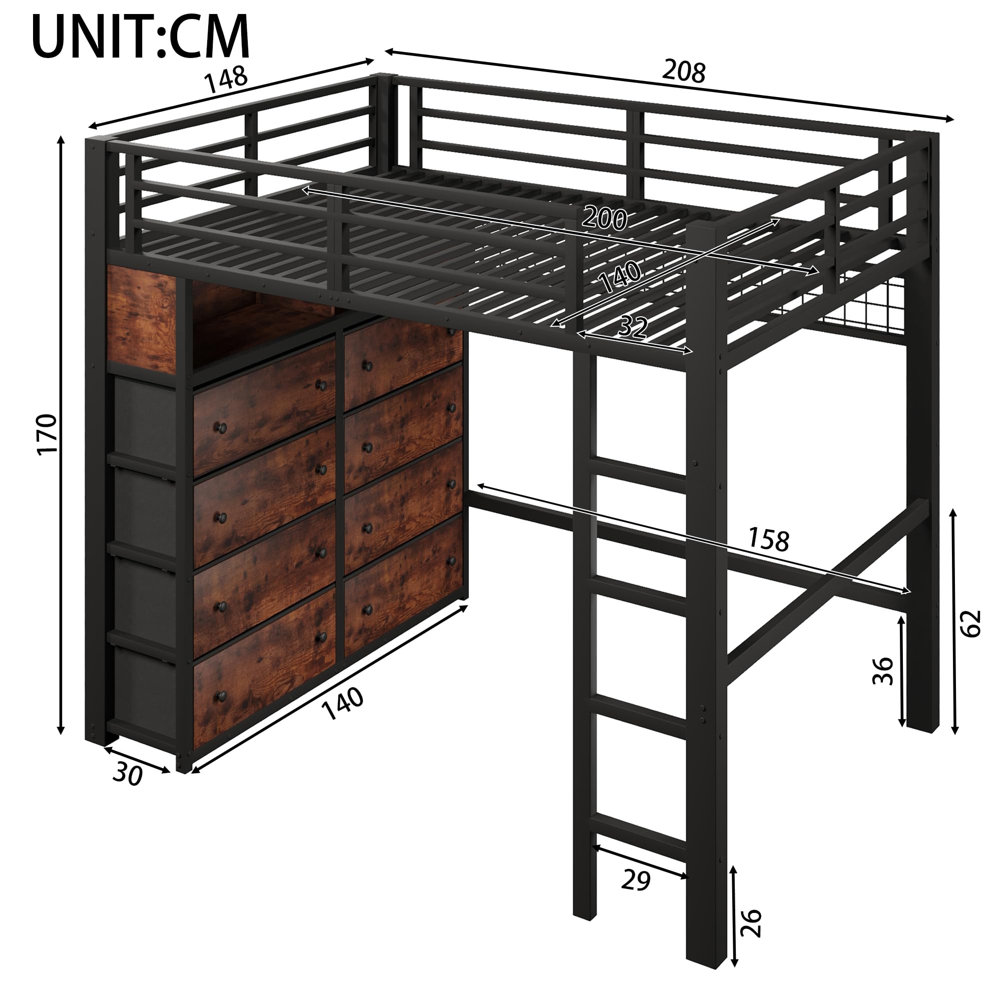 Cama Alta 140x200 con Somier de Lamas Cama con Cajones Marco de Metal Double Bed con 8 Cajones con Protección Anticaídas Perimetral con Baldas Abiertas para Vivienda Negro