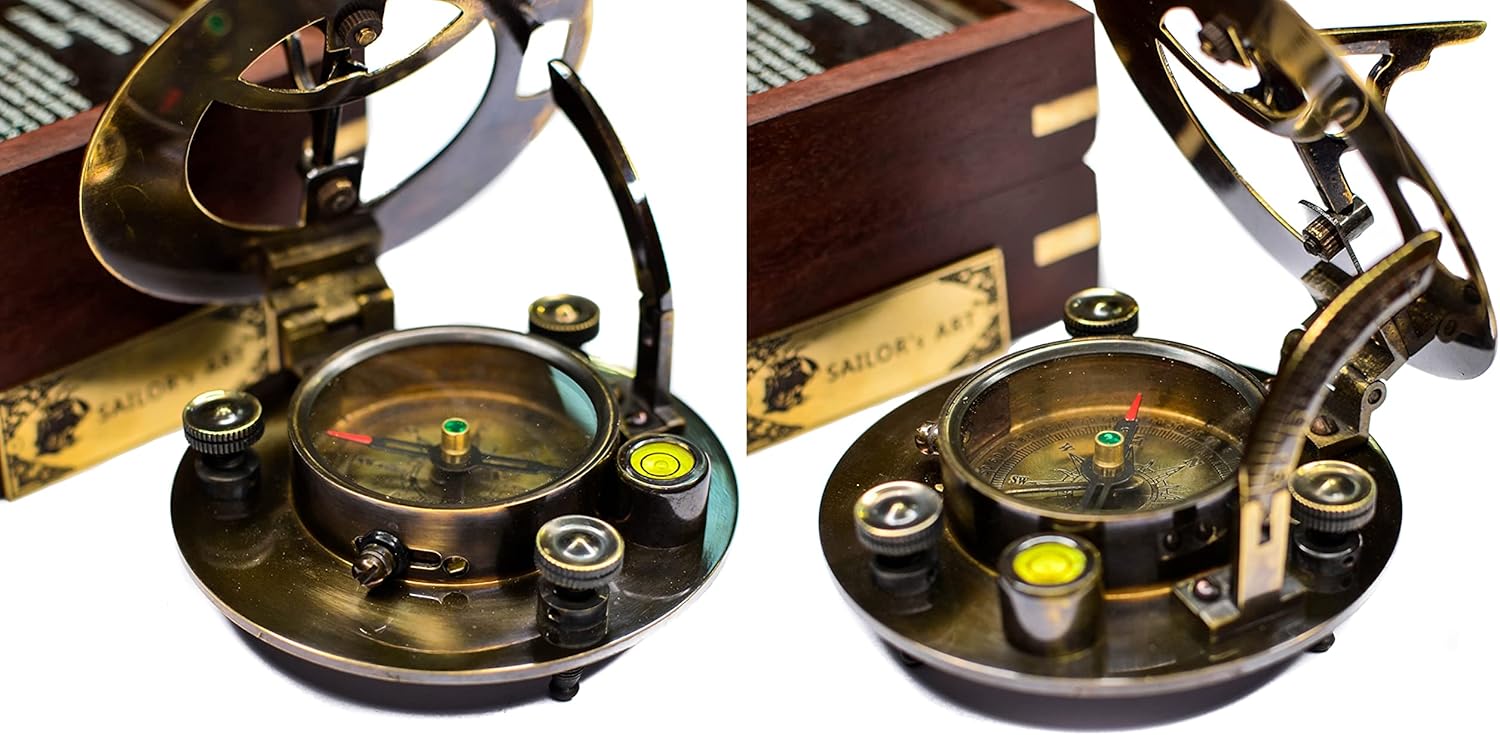 SAILOR'S ART Hatton Garden London Antique Brass Sundial Watch Compass Box with Wooden Box, Antique Items, Direction Compass